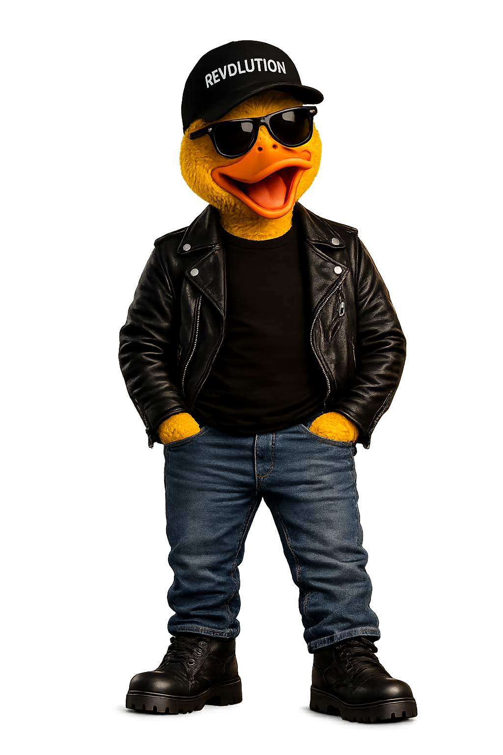 Doug, a yellow duck wearing a Revolution cap, sunglasses, leather jacket, jeans and black boots