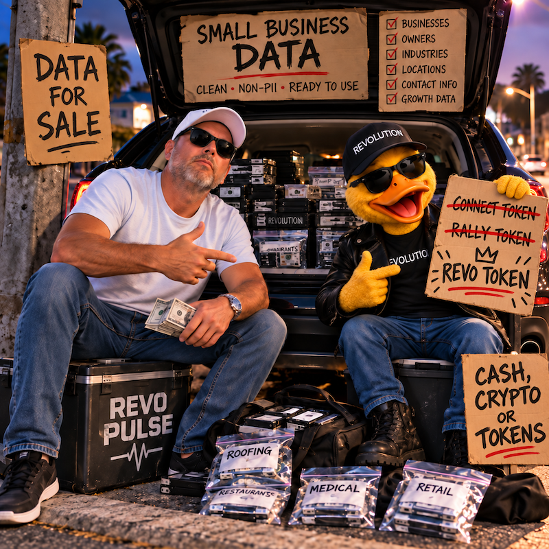 Paul Mikel and Doug the Duck representing REVO PULSE Small Business Data Monetization with bagged de-identified data hard drives